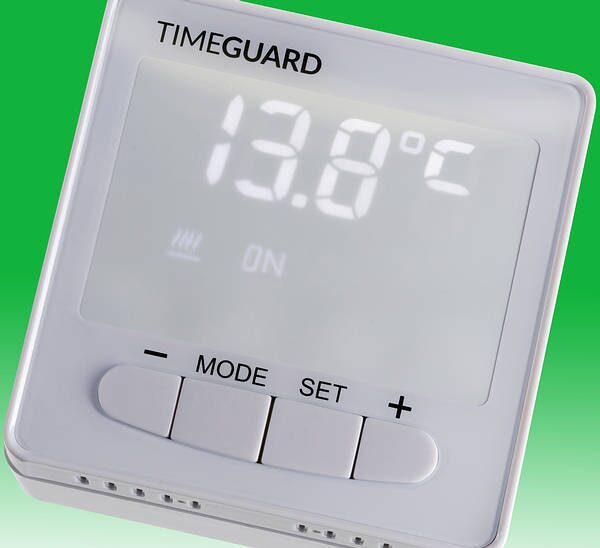A Timeguard TRTWIFI white digital room thermostat displaying 13.8°C with mode, set and plus/minus buttons