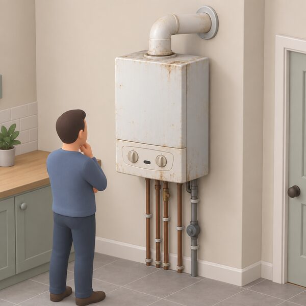 An older wall-hung gas boiler mounted on an indoor kitchen or utility room wall, visibly aged and dated in style, with its pipework and flue, shown as a plain appliance past its expected lifespan with no paperwork or plan documents present.