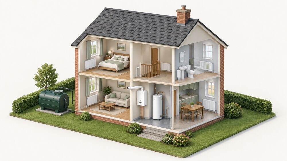 A cutaway of a small house showing a wall-mounted boiler indoors with its flue passing through the external wall to open air, radiators on the walls of the rooms, a hot water cylinder, and an oil tank standing in the garden outside.