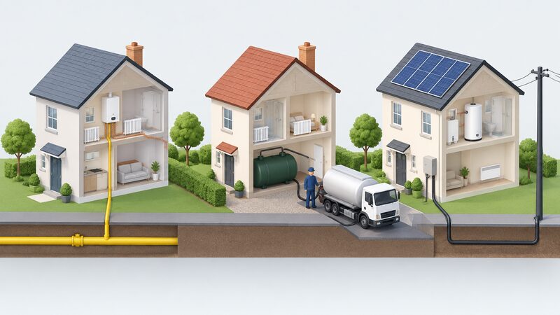 Three simplified houses side by side: one with a gas pipe from the street, one with an oil tank and delivery lorry, one all-electric with roof solar panels and a cable to the grid, each with lines showing its outside supply.