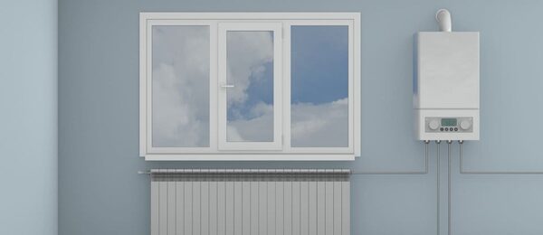 A white wall-mounted gas boiler with flue pipe above a panel radiator under a window, in a pale blue room