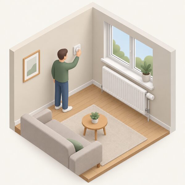 A home interior showing a room thermostat mounted on the wall and a thermostatic radiator valve fitted at one end of a radiator beneath a window, with a small isometric figure adjusting the thermostat.