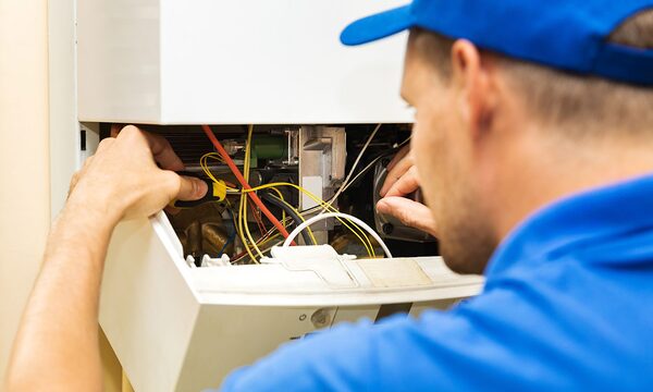A technician in a blue cap and shirt servicing the internal components of a wall-mounted gas boiler