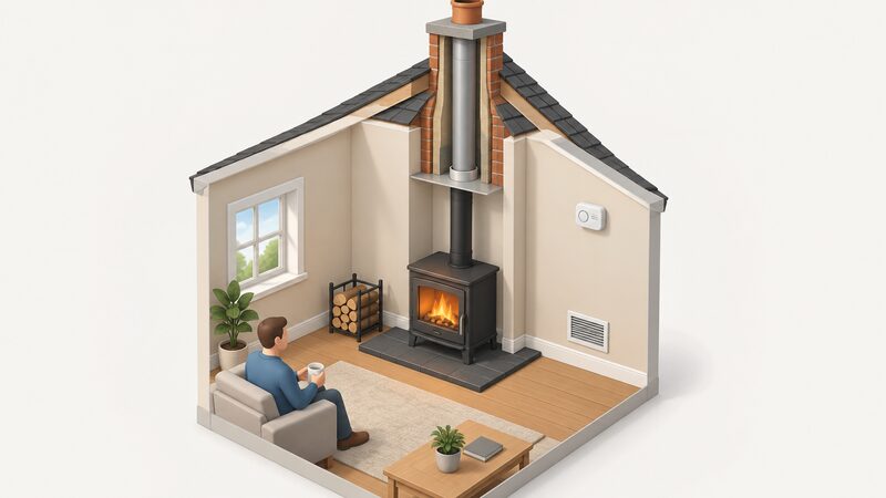 A cutaway room scene showing a solid fuel stove connected to a flue rising through a lined chimney breast, with a register plate sealing the base of the flue, a ventilation grille in the wall providing air supply, and a carbon monoxide alarm mounted on the wall in the same room.