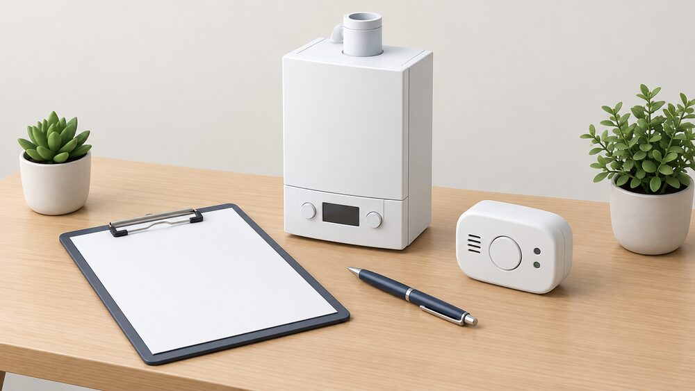 A small model of a wall-hung gas boiler standing on a table beside blank completion paperwork on a clipboard, a carbon monoxide alarm and a pen, arranged as the moment a heating installation is signed off and notified.