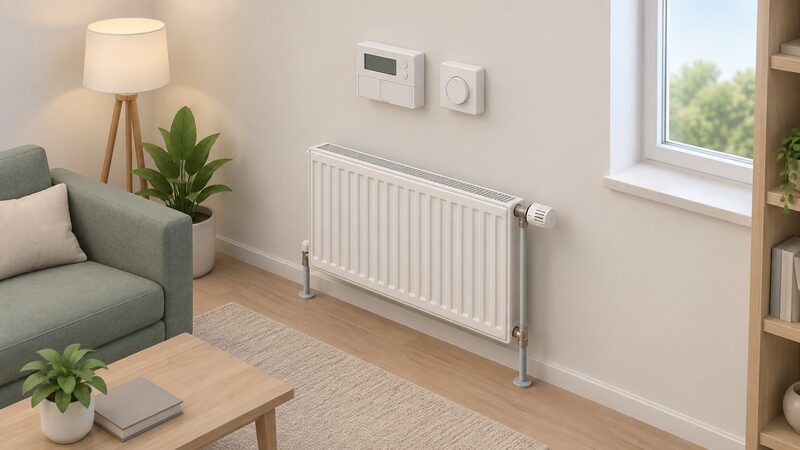 A simplified isometric living room corner showing a wall-mounted programmer and room thermostat side by side, with a radiator on the wall below fitted with a thermostatic radiator valve at one end, illustrating the regulated per-room controls of a heating installation.