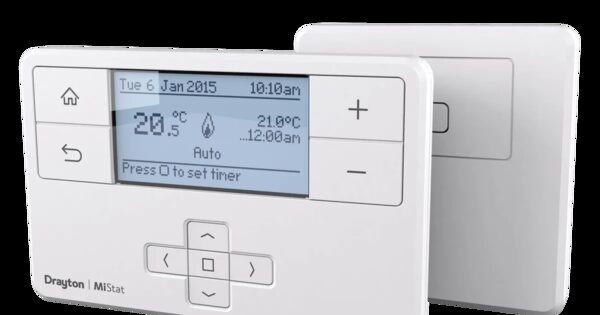 A Drayton MiStat P digital room thermostat with LCD display and control buttons, shown with its wall backplate