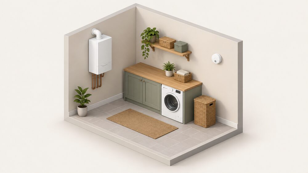 A domestic room with a wall-mounted gas boiler on one wall and a round carbon monoxide alarm mounted on the adjacent wall at head height, a few metres horizontally from the boiler, clear of any door, window or vent.
