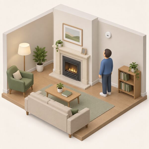 A living room with a gas fire set into the chimney breast, its hearth and surround visible, and a small round carbon monoxide alarm mounted high on the wall beside the fire, with a simplified isometric figure standing nearby looking at it.