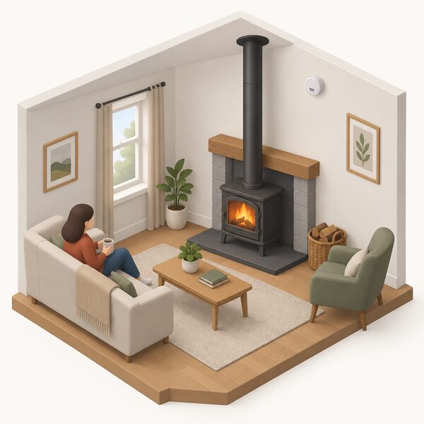 A living room with a wood-burning stove in the hearth, its flue rising to the ceiling, and a carbon monoxide alarm mounted high on the wall or ceiling of the same room, drawn as a small round device.