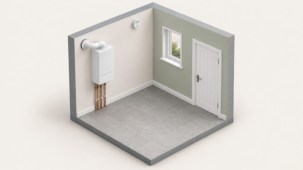 A room with a wall-mounted gas boiler whose flue passes through the external wall, and a round carbon monoxide alarm fixed high on the same wall near the ceiling, positioned between one and three metres horizontally from the boiler.