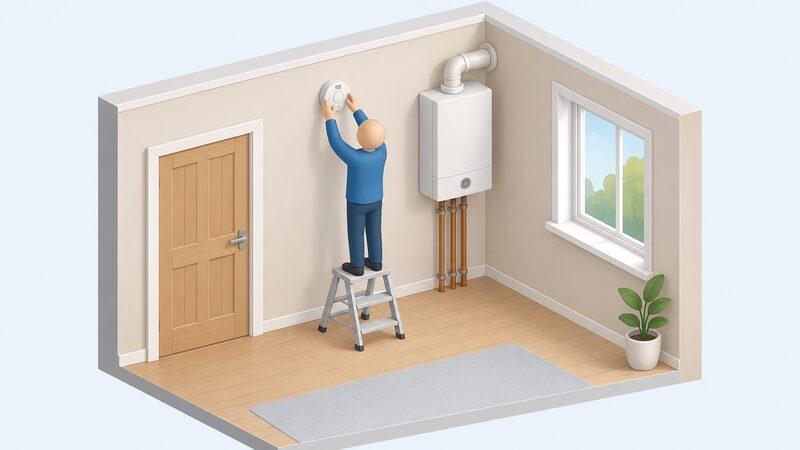 A small isometric figure fitting a round carbon monoxide alarm high on a wall, clearly below the ceiling and above a door height, positioned a short horizontal distance from a wall-mounted gas boiler with its flue, in a simple room interior.