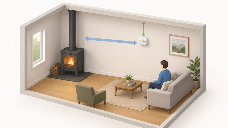 A room interior with a solid fuel stove against one wall and a carbon monoxide alarm mounted on the wall at head height, with a simple horizontal distance band shown between stove and alarm and a clear vertical gap between alarm and ceiling.