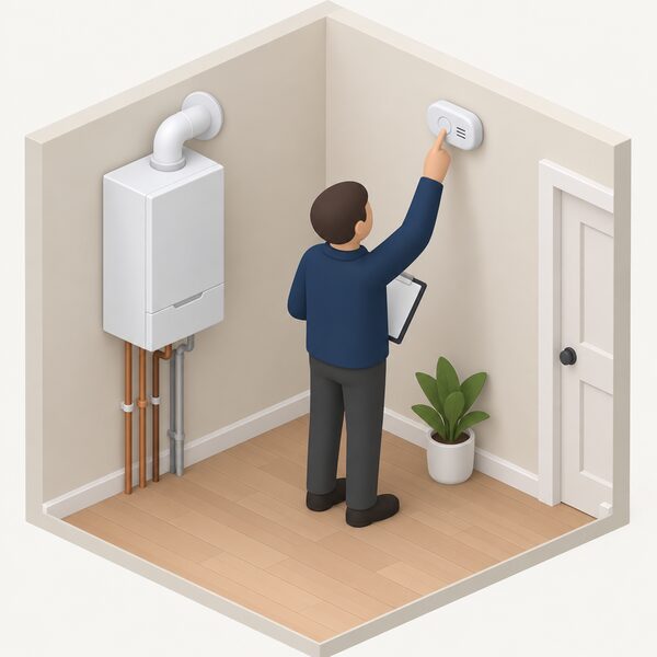A small isometric view of a room corner where a wall-mounted gas boiler sits with a carbon monoxide alarm fixed high on the wall nearby, a simplified landlord figure checking the alarm.