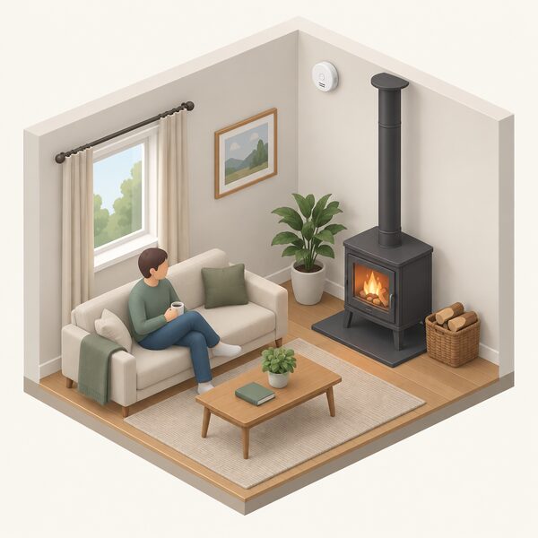 A small ceiling- or wall-mounted carbon monoxide alarm in the corner of a living room, positioned near a fixed combustion appliance such as a wood-burning stove with its flue rising to the ceiling, shown in a simple cutaway room view.