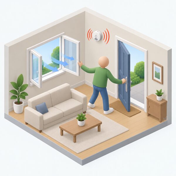 A carbon monoxide alarm mounted high on a living room wall sounding, while a simplified figure holds the front door open and pushes a window wide to ventilate the room before leaving the house.