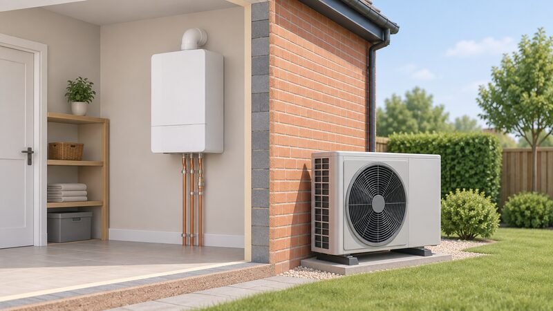 A cutaway-style exterior view of a house wall showing a wall-mounted gas boiler indoors on one side and an air source heat pump outdoor unit standing on the ground outside on the other, side by side for comparison.