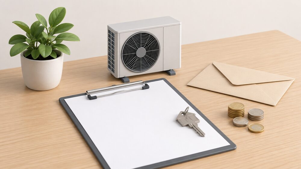 A small model of an air source heat pump outdoor fan unit stands on a table beside a blank application form on a clipboard, a plain envelope and a few coins, with a house key resting on the papers.