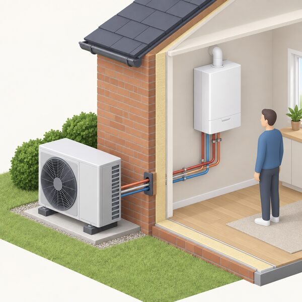 A cutaway view of a house wall showing an air source heat pump unit standing outside and a wall-mounted gas boiler inside, joined by pipework through the wall, presented as the excluded hybrid pairing.