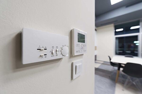 A white wall-mounted thermostat and heating control panel with a dial and switches in an office