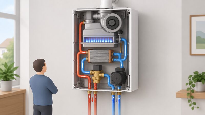 A cutaway view of a wall hung combination boiler with its casing opened to reveal the plate heat exchanger, pump, fan and diverter valve, plus the two water circuits linking them to one burner heat source.