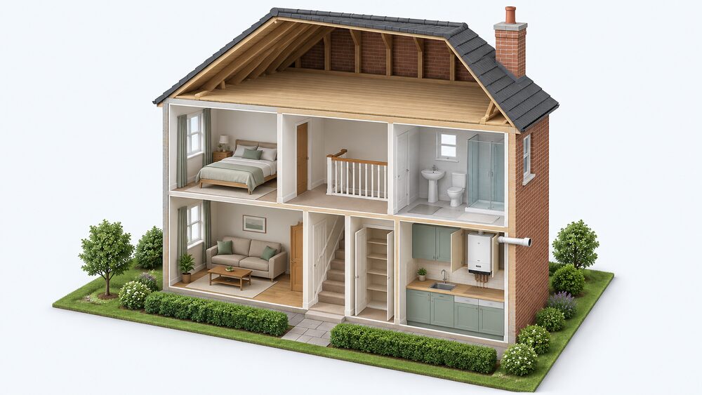 A cutaway of a small UK home showing a compact wall-hung combi boiler fitted inside a standard kitchen cupboard with its flue passing through the external wall, an empty loft above with no water tank, and an airing cupboard with no hot water cylinder.
