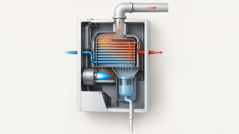 A cutaway diagram of a wall-hung condensing boiler showing the burner firing into the heat exchanger, flue gases passing over the returning system water before exiting through the flue, and condensate collecting in a trap that drains through a small plastic pipe from the bottom of the boiler.