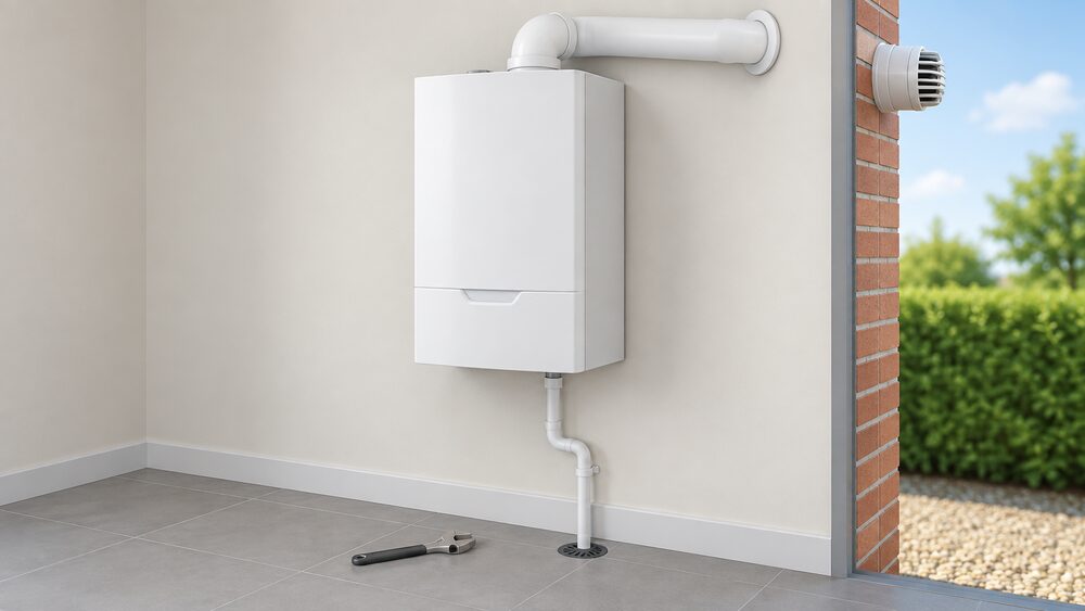 A wall-mounted condensing boiler shown close up indoors, with its flue passing through the external wall to the open air and a narrow plastic condensate pipe running down from the boiler to a drain point below, with a spanner resting on the floor beside it.