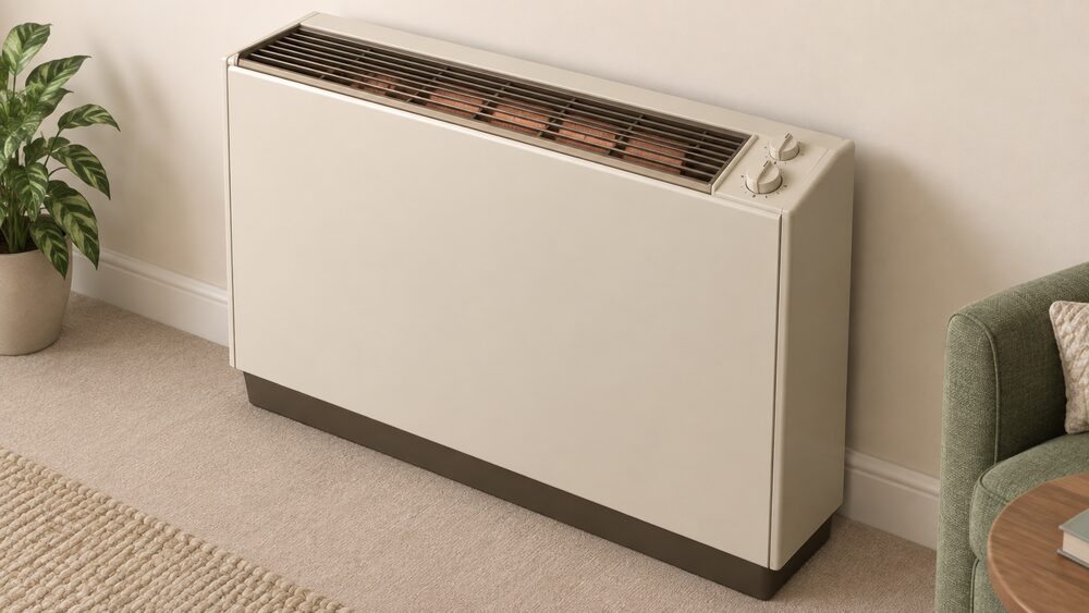 A close-up of an old Creda-style night storage heater standing against a room wall, its plain case with two manual control dials on top, a warm air grille along the top edge, and a heavy clay brick core hinted at through the open top grille.