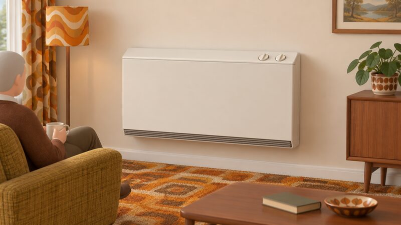 An older white Creda night storage heater mounted on the wall of a 1970s living room, its top panel carrying two manual control dials, with no automatic charge control or digital display anywhere on the unit.