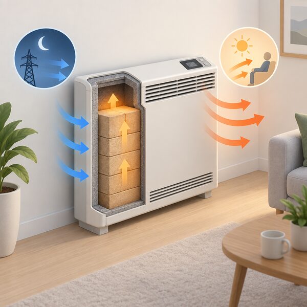 A modern high heat retention storage heater standing against a wall in a simply furnished room, drawn as a cutaway showing its insulated core of heat-retaining bricks, with a digital control panel and thermostat on top, and arrows showing heat entering the core during the off-peak charging phase and warm air flowing into the room during the heating phase.