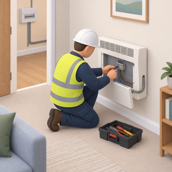 A registered electrician kneels beside a wall-mounted storage heater in a room, its front panel open, connecting the hard-wired cable from the wall to the heater's terminal block, with the supply cable running to the consumer unit elsewhere in the home.