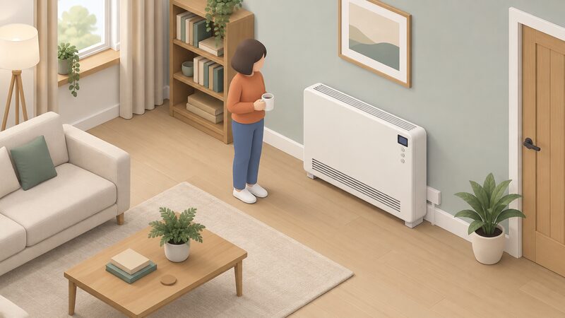 A modern high heat retention storage heater with a small digital display and simple control buttons stands against the wall of a refurbished living room, replacing the old dial-controlled unit, with a simplified isometric householder nearby.