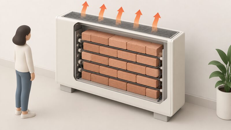 A cutaway diagram of a storage heater revealing a core of stacked clay bricks with heating elements threaded between them, and the convection grille across the top of the casing through which warm air rises.