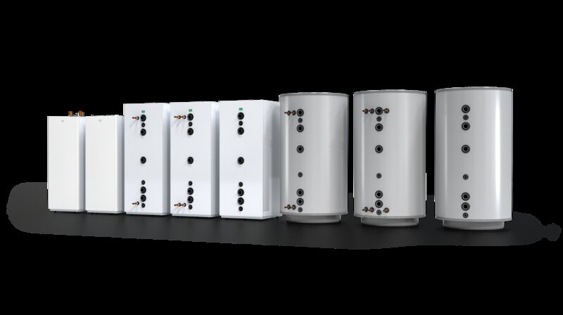 A product range shot of seven CTC accumulator tanks in white and grey, lined up on a white background