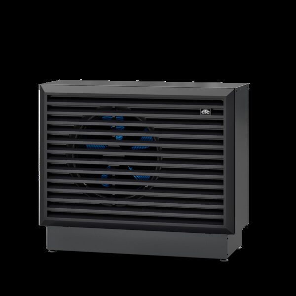A dark grey CTC air-to-water heat pump outdoor unit with louvred grille and fan, shown on a white background