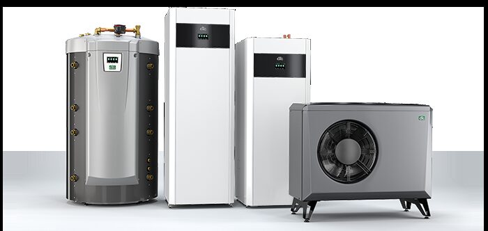 A product range shot of CTC heating equipment: a hot water cylinder, two tall white heat pump indoor units and an outdoor air source heat pump unit on legs