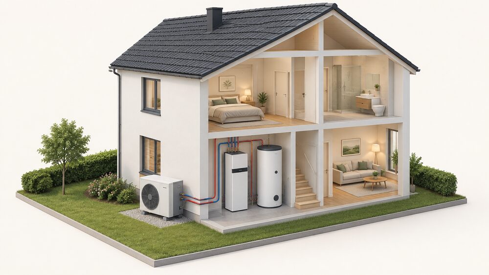 A cutaway house showing an air-to-water heat pump fan unit standing outside on the ground beside an external wall, connected to an indoor module and an accumulator tank inside the home, with pipework linking them.