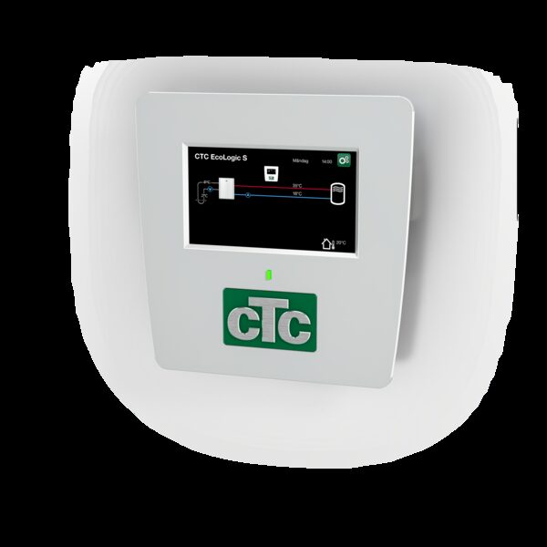 A white CTC EcoLogic S heat pump control panel with touchscreen display and green CTC logo