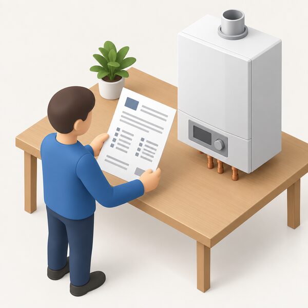 A printed declaration of conformity sheet lying on a table beside a domestic heating product, the document showing a named company, place of issue, date and lists of directives and standards as blank lines and plain blocks, with a small isometric figure holding it.