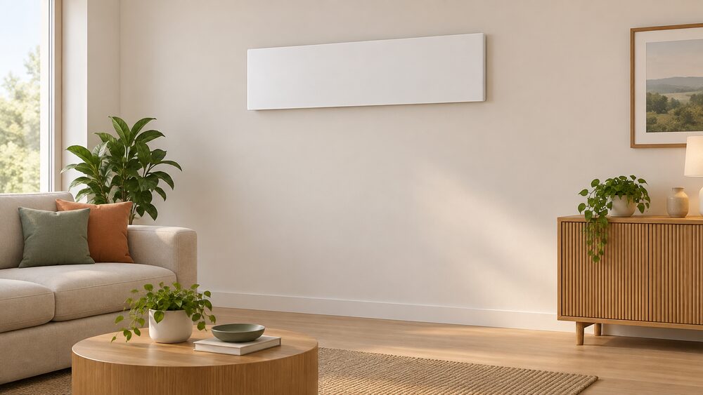 A slim white infrared heating panel mounted high on an interior wall, out of reach of the floor, with no pipework, flue or boiler anywhere in the scene.