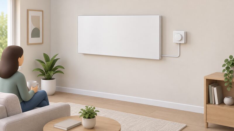 A white infrared panel mounted high on an interior wall with a separate wall-mounted thermostat control unit beside it, connected by visible wiring, in a simply drawn room corner.