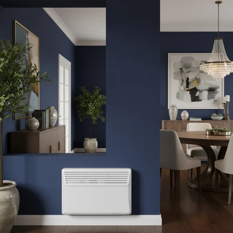 A white Devola panel heater mounted low on a dark blue wall in a styled dining room