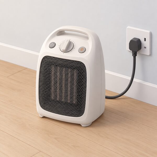 A small portable ceramic fan heater with a plastic casing standing on a floor near a wall socket, its plug lead connected, with a simple thermostat dial and control buttons on its top, drawn as a compact plug-in appliance.