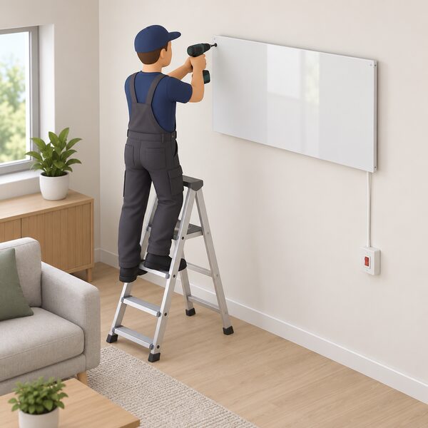 A professional installer fitting a white glass infrared heating panel high on an interior wall of a home, standing on a step ladder with a drill, the panel's cable running to a fused connection point on the wall below.