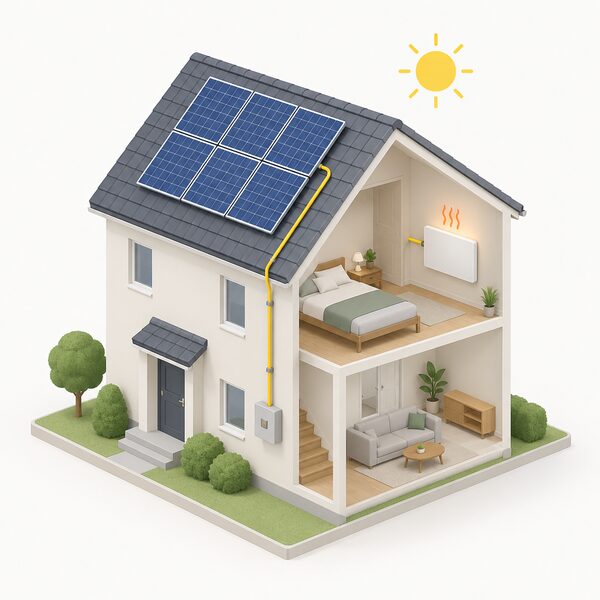 A small isometric house with solar PV panels fitted on its pitched roof, an infrared heating panel mounted on an interior wall of one room, and a cable run from the roof panels down to the home's electricity supply so the on-site generation feeds the electric heating.