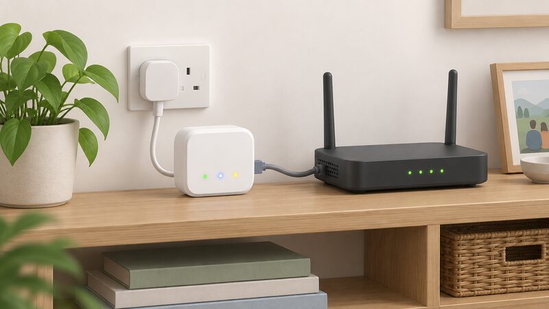 A small white Dimplex Hub unit plugged into a mains socket on a shelf beside a home broadband router, connected by a short Ethernet cable, with small status lights glowing on the hub's front face.