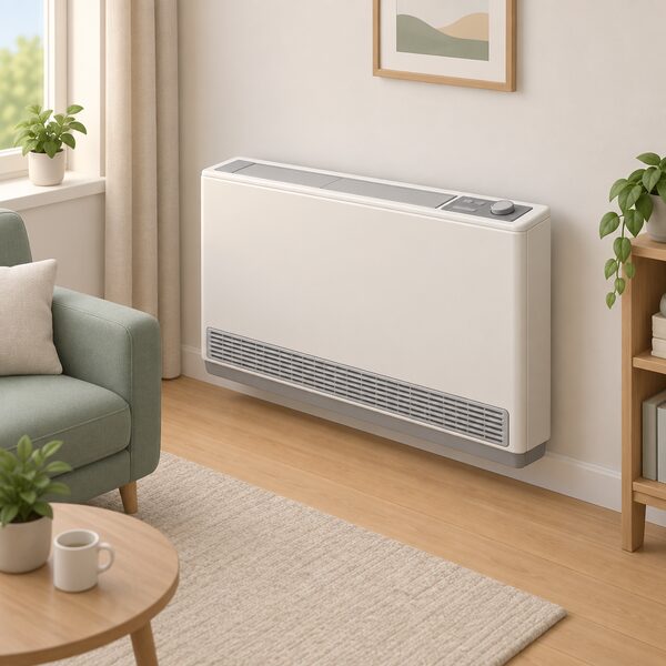 A high heat retention storage heater mounted on the wall of a simply furnished living room in a house, shown as a single freestanding or wall-hung unit with its charge-control panel, drawn plainly so it reads as the HHR unit the section compares against a standard storage heater.