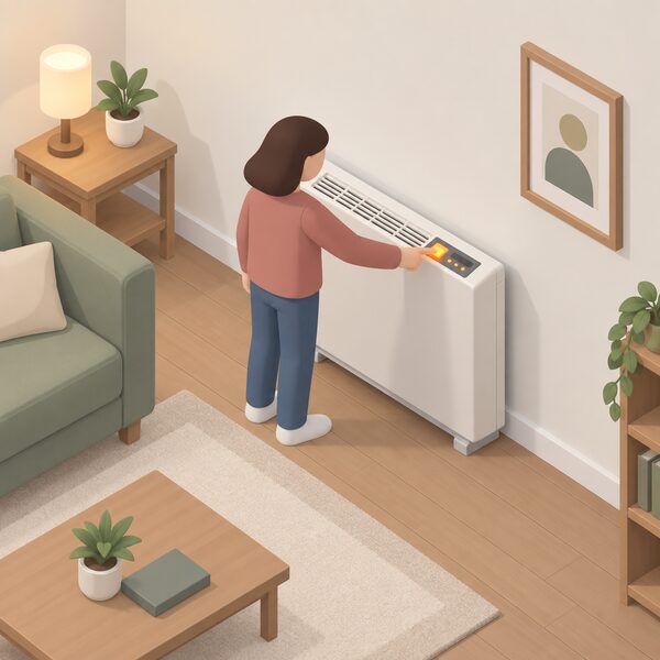 A Dimplex Quantum storage heater standing against a living room wall with its control panel lit, a simplified isometric figure reaching to press the boost control, showing the household calling on extra heat at the expensive standard rate.