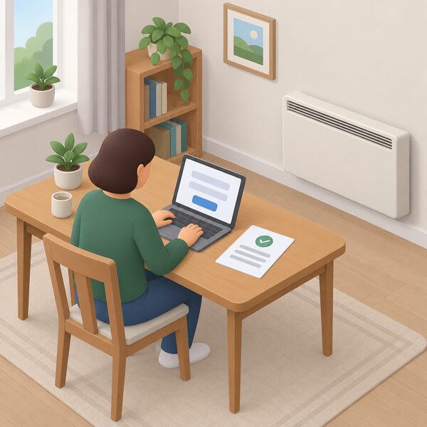 A householder at a table in a UK home completing an online registration for their storage heater on a laptop, with the wall-mounted storage heater visible in the room and a printed registration confirmation kept beside them.